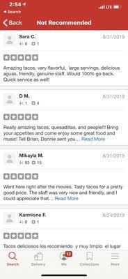 All the reviews Yelp is hiding due to their "algorithm". Truth is Yelp hides reviews for business who refuse to buy their ads.