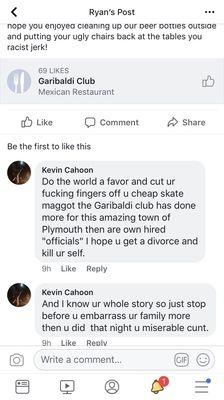 Girabaldi club member Kevin Cahoon replying to a negative review