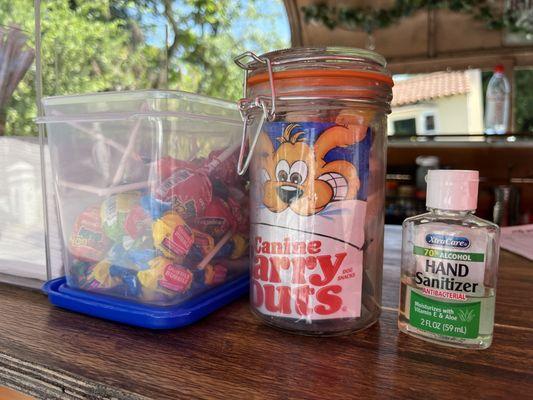 Lollipops for kids, treats for dogs, hand sanitizer for all!