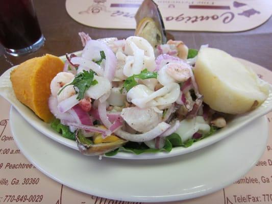 Ceviche Mixto and a glass of Chicha Morada