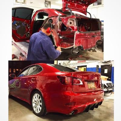 Quarter panel swap on this beautiful red Lexus is250 Micelli Motors Auto Body