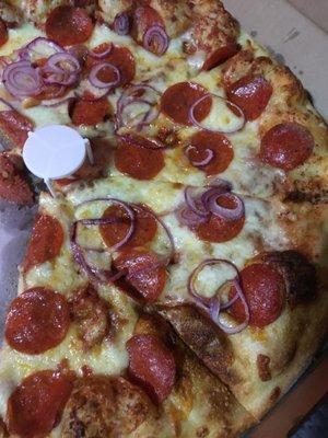 Pepperoni and onion pizza