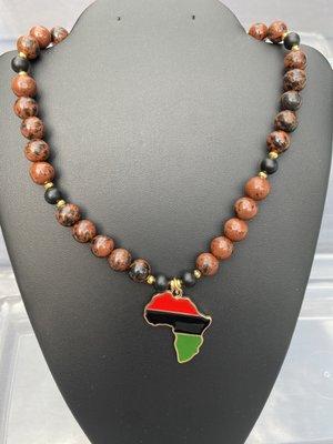 Mahogany Obsidian and Black Onyx Necklace with Africa Pendant