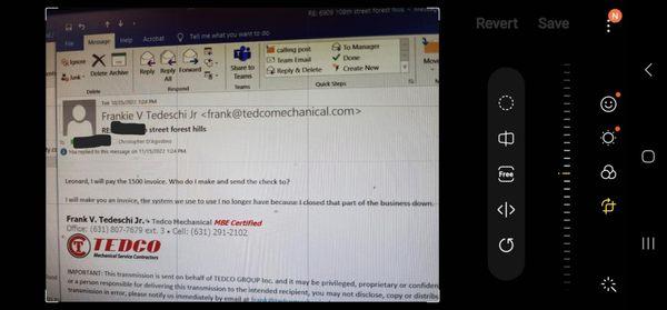 email from FRANK V TEDESCHI jR CONFIRMING HE IS RESPONSIBLE FOR THE COSTS TO HIRE ANOTHER VENDOR BECAUSE OF FRANKS TERRIBLE INSTALLATION.