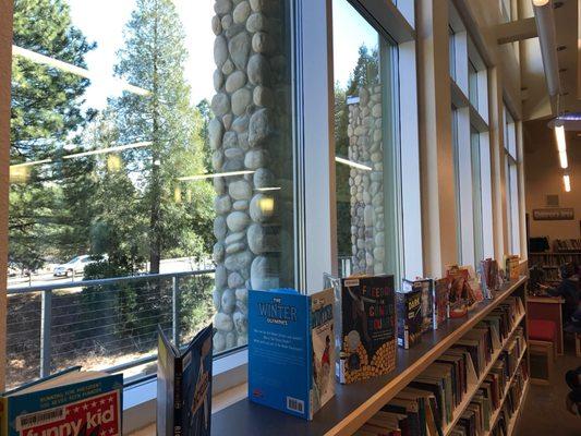 The young readers section that overlooks the woods and lake.