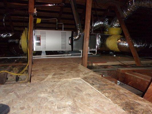 Perfect furnace installation and duct work in an attic from the best teams in the business.