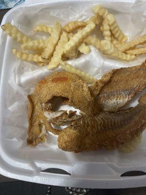 Dried up overcooked whiting and pale undercooked fried! 2 piece whiting meal.