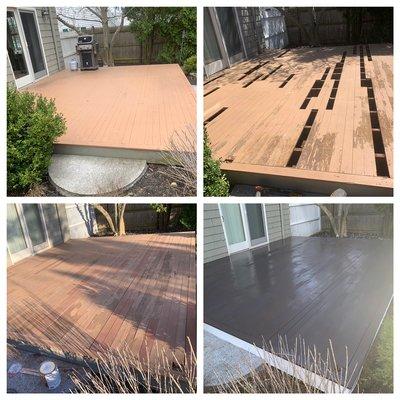 A mahogany deck patched then stained. An arduous effort was had pulling up the old boards.