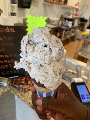 Cookies and cream; cone double scoop ($5ish)