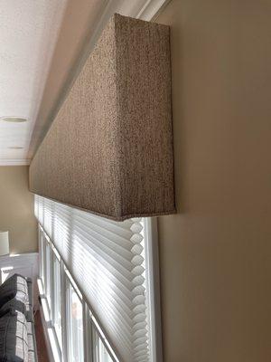 Custom cornice board with motorized cellular shades in Middleton, MA