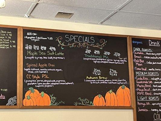 Menu prices for seasonal specials - September 2022