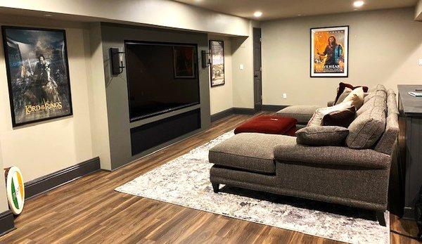 Basement rec room 'theater' in New Canaan.