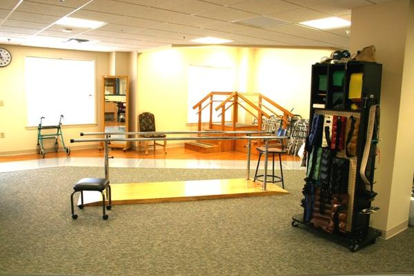 Spacious rehabilitation gym offers space for physical therapy, occupational therapy and speech therapy for comprehensive care after hospital