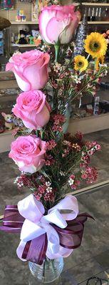 Simple but Beautiful set of pink Roses in small glass vase