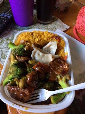 Steamed melt in your mouth dumpling Savory beef and broccoli and perfect friend rice... sit and enjoy!!!