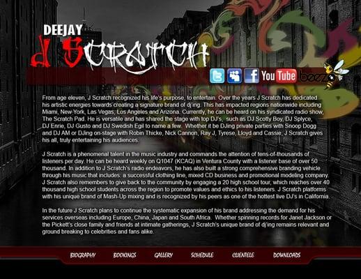 Website layout for the World Famous DJ J Scratch of Q 104.7