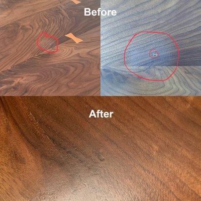 Pictures of our live edge walnut table burn mark before and after. Naji was able to blend the lacquer like new.