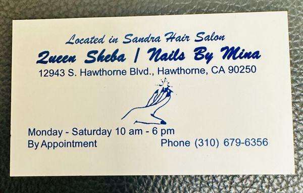 Business card for nail salon. Her name is Mina. She's wonderful!