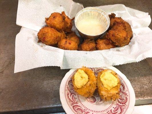 Strawberry pineapple southern hush puppies deep fried deviled eggs with a spiked dipping sauce