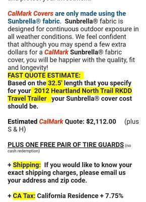 Second quote from CalMark when I tried to purchase another cover in 2020. Notice it is double the price form the first quote in 2013.