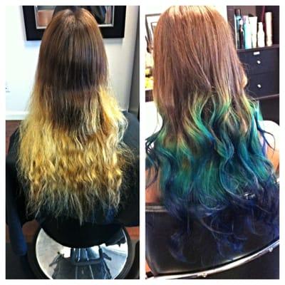 Client, Sasha, Before and After of Ombre with fun color.