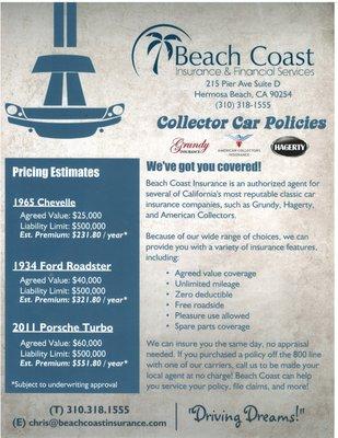 We specialize in classics! Chris owns & loves classics. Beach Coast also supports many local shows! Hagerty-American Collectors & Grundy