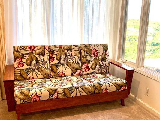 My very old Hawaiian Sofa with the new cushion covers.