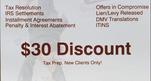 $30 discounts for new clients.