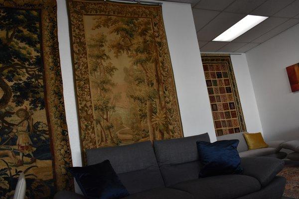 Mechanical Adjustable Sofa Frisko Collection Made in Germany. Hand Made Pictorial French Antique Tapestry 4' 6" x 10'