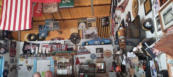 Bar decor and beer taps in back