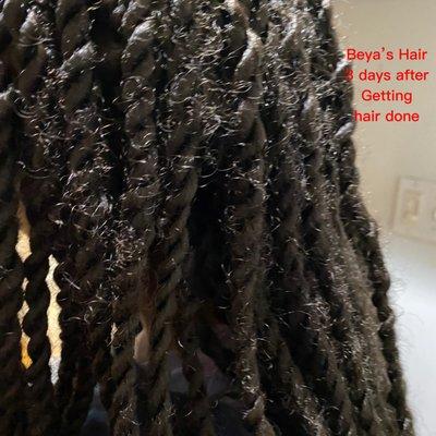 After 3 days from braiding Loose, unravelled Hair. And owner was very unprofessional, she refused to reimburse us and rectify the problem.