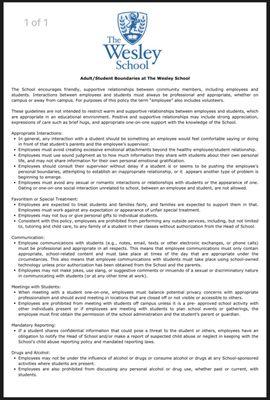 Adult/Student Boundaries at the Wesley School document from website