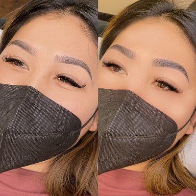 Before and after brow lamination (ombré brows done by another artist)