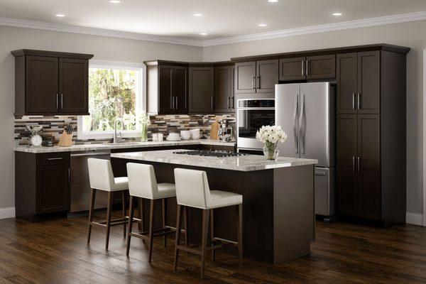 Espresso stained shaker cabinets.