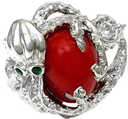 14k-y gold Octopus ring with Tsavorite eyes Red Coral, held with tentacles, and also one diamond