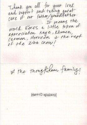 One of many "Thank You" cards from the families of our Ziba Hospice patients...