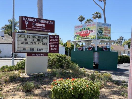 Our strawberry stand is located in the parking lot of Harbor Christian Church.