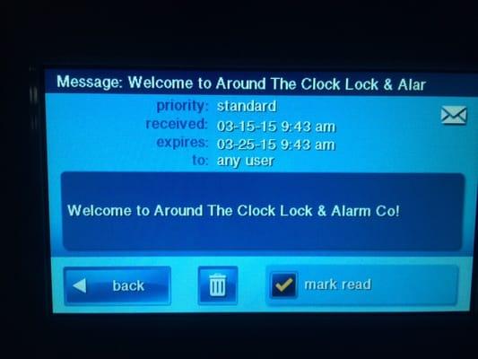 A greeting message from the 2Gig GoControl panel from Around the Clock Lock & Alarm and Alarm.com.