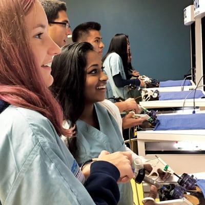 Students enrolled in Introduction to Medical Careers visit the high-tech surgical research lab at UC Irvine Medical Center.