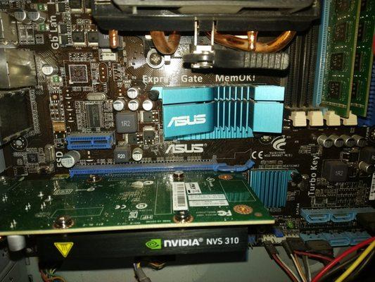 The motherboard inside of a desktop computer.