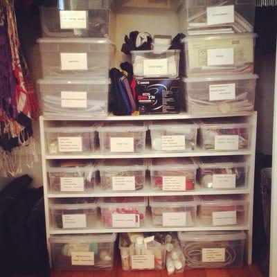 Organized closet with labeled boxes.