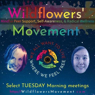 Wildflowers' Movement Current Social Media Image celebrating our philosophy, Support Group Leaders,  meeting listings  and website.