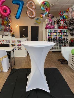 Cocktail tables and table cover available for rent!