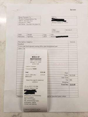 Invoice from the other company that repaired it for less than what I paid to Mobility Works to tell me I had to pay $14k to repair!!