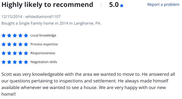 A review from one of our clients posted on our Zillow profile.