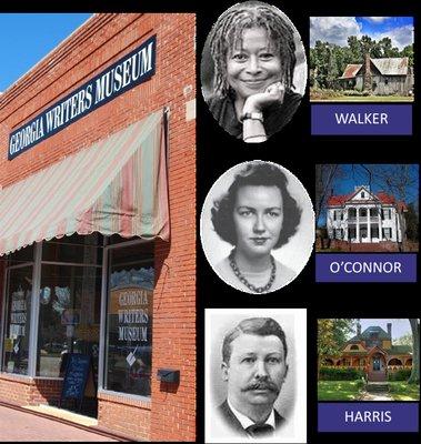 Museum entrance and three featured writers, Joel Chandler Harris, Flannery O'Connor and Alice Walker.