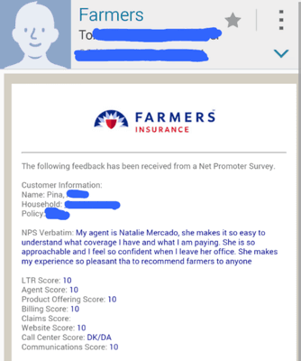 Scored a perfect 10 on our survey placed by Farmers. Customer service is a huge factor in my office.#Blessed