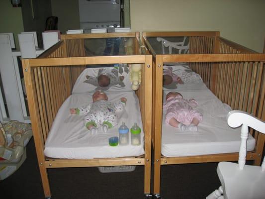 Nap time for infants. Cribs have easy view plexiglass on one end and a mirror on the other for entertainment.