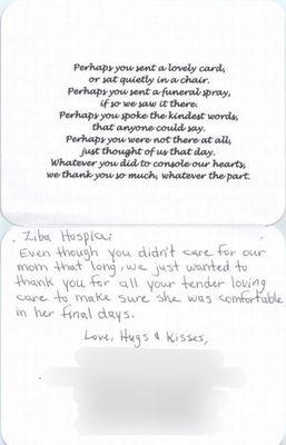 One of many "Thank You" cards from the families of our Ziba Hospice patients...