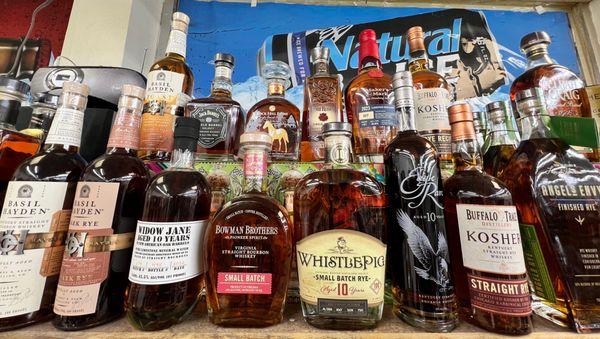 Wide selection of bourbon...Basil Hayden, Whistlepig, Four Roses, Eagle Rare, Buffalo Trace, Blanton's, Elijah Craig, Stagg and much more.